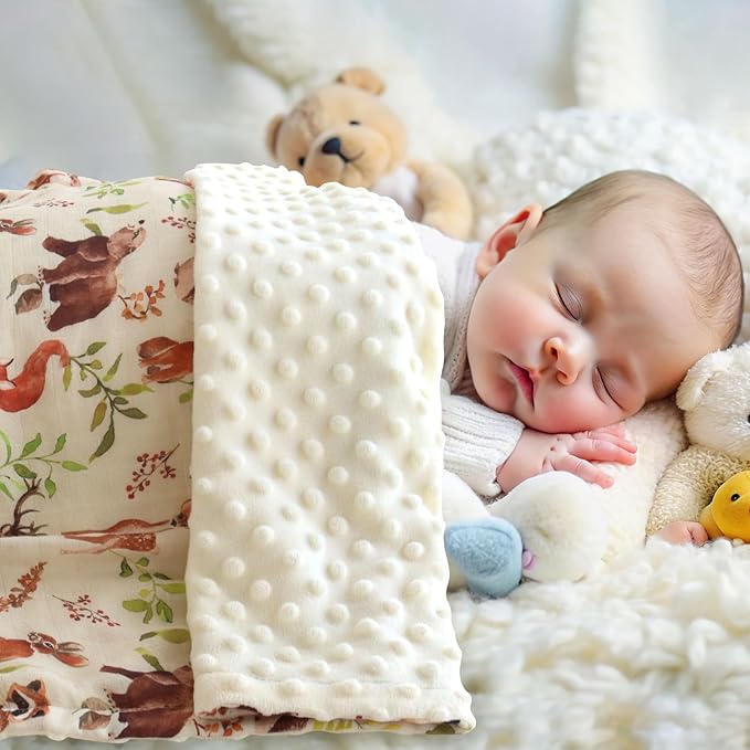 LifeTree Baby Blankets for Boys Girls, Soft Double Layer Swaddle Blankets, Muslin Front and Dotted Fleece Backing Receiving Bed Throw Blanket for Newborn Unisex, 31X40 Inches, Woodland