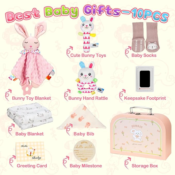 Baby Girl Gifts Newborn Gift Set, 10Pcs Quality & Cute Newborn Baby Essential Stuff New Baby Girl Gift Basket Set, Best Newborn Baby Girl Gifts Baby Girl Gifts Set, Unique Baby Girl Gift Basket Set