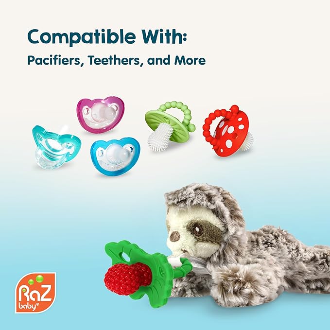 RaZbaby Sloth RaZbuddy w/RaZberry Teething Relief Pacifier – Soothes Sore Gums w/Nature-Inspired Texture, 100% BPA-Free Silicone Teether, Detachable Stuffed Animal – 3 Months+ Teether, Tan