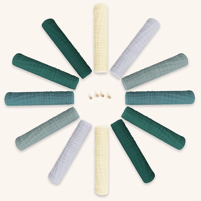 12 Pack Muslin Burp Cloths - Large 20" x 10", Ultra Absorbent 100% Cotton for Baby Drool and Messes - Soft, Gentle Baby Burp Rag for Boys & Girls -Ivory, Slate, Emerald Series