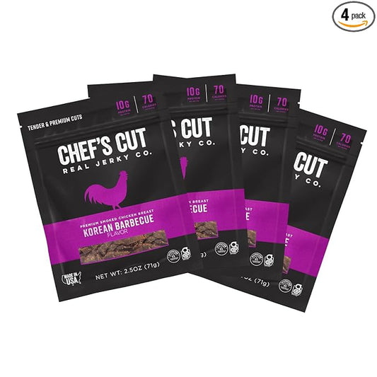 Chef's Cut Chicken Jerky Meat, Korean Barbecue (2.5 Ounce Bags, Pack of 4) - High Protein, 10g Protein, 70 Calories, Gluten-Free, Premium Smoked Chicken Breast, Keto Friendly Snack, Low Carb Snack
