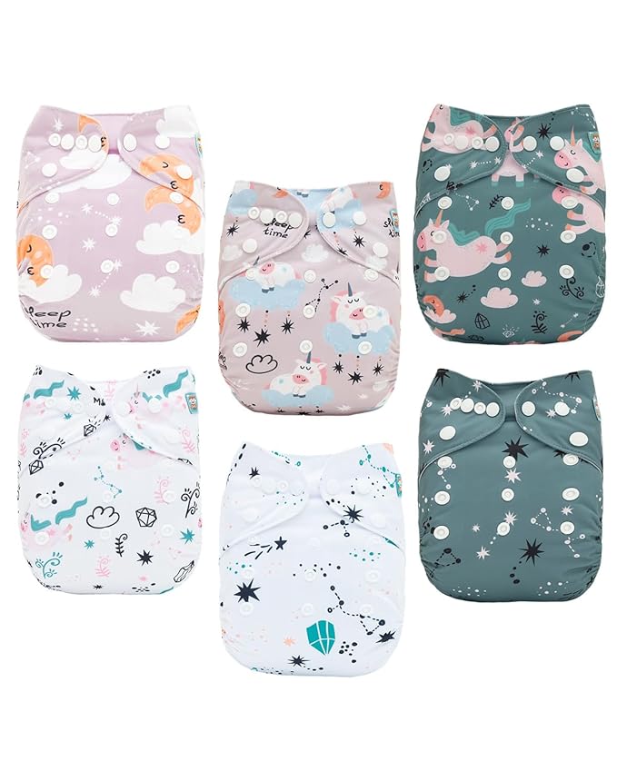 ALVABABY Baby Cloth Diaper 6 Pack with 12 Inserts One Size Cloth Diaper Covers Adjustable Washable Reusable for Baby Girls and Boys 6DM124