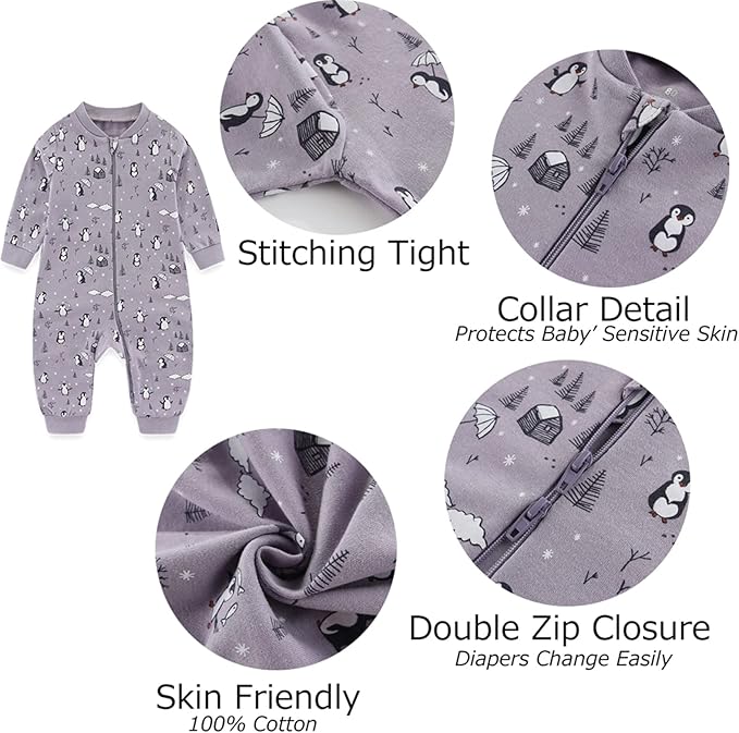 Newborn Baby 2-way Zipper Romper Cotton One-piece Jumsuit 3-pack, 0-24 Months