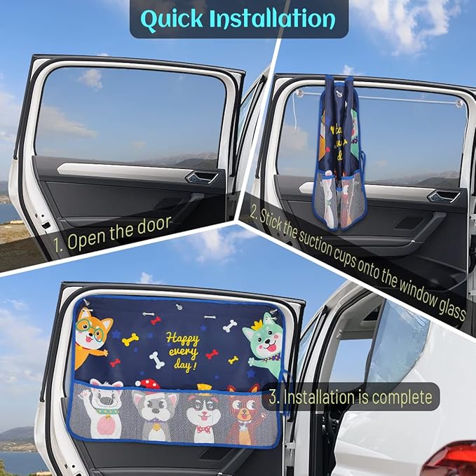 2 Pack Car Window Shade for Baby, Blackout Car Sun Shades with Storage Pockets, 7 Suction Cups, Blue, Cute Patterns for Sun/Heat/UV Rays Protection, Standard Passenger Cars