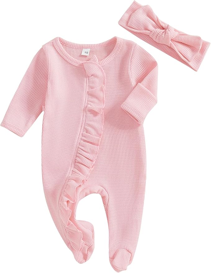 Newborn Girl Clothes Baby Girl Coming Home Outfit Zipper One-piece Outfits Ruffle Footie Bodysuit Jumpsuit Headband
