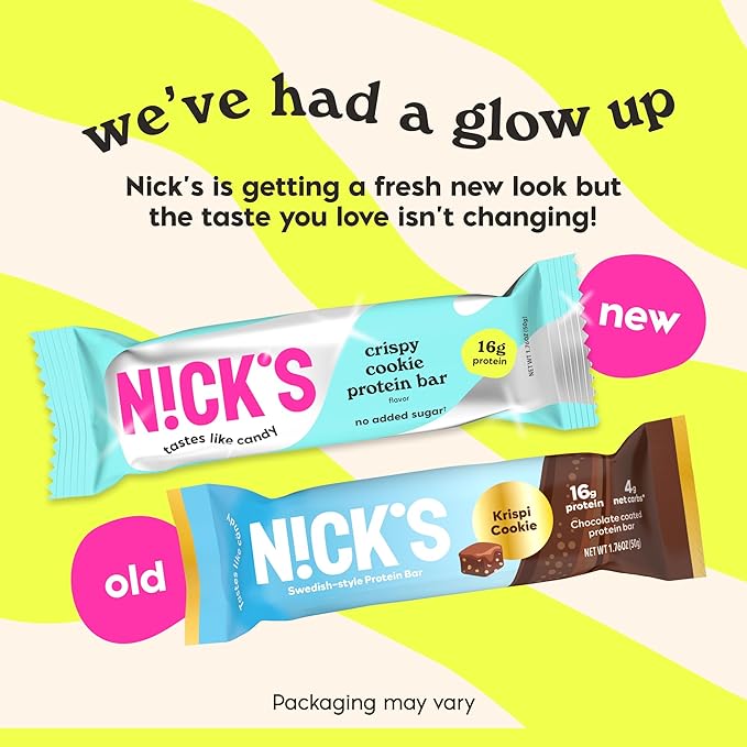 Nick's Protein Bars Crispy Cookie Chocolate, High Protein, Low Calories, Low Carb, Keto Friendly Snacks No Added Sugar (Multipack 12 bars x 50g), Crispy Cookie flavor