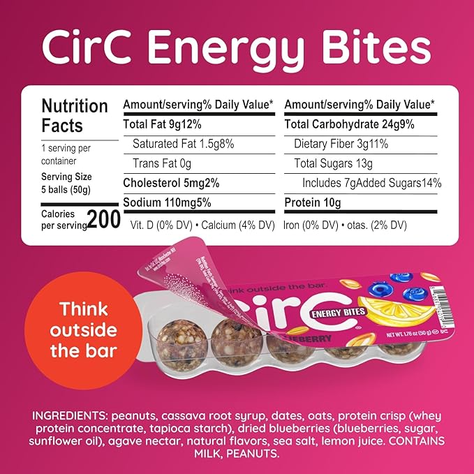 CirC Energy Bites - 12 Pack Lemon Blueberry Gluten Free Protein Balls - 10g Protein, Whole Grains, Nuts & Fruit - Portable Healthy Snacks for Adults & Kids, 5 Piece Resealable Packs