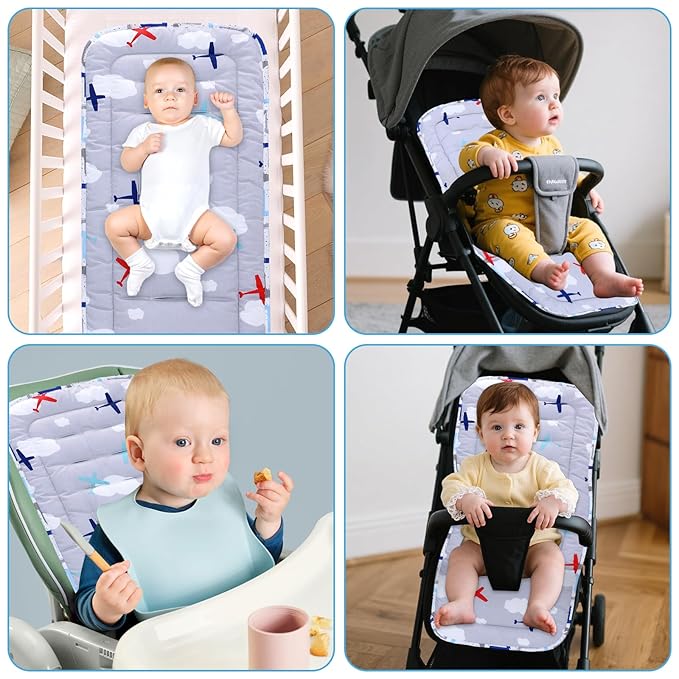 Baby Stroller Cushion,Infant Car Seat Insert-Reversible Universal Breathable and Soft Newborn Stroller Mat,100% Cotton Cover Toddler Seat Pad Liner-34x78cm,1 Pack(Gray Plane+Blue Stripes)