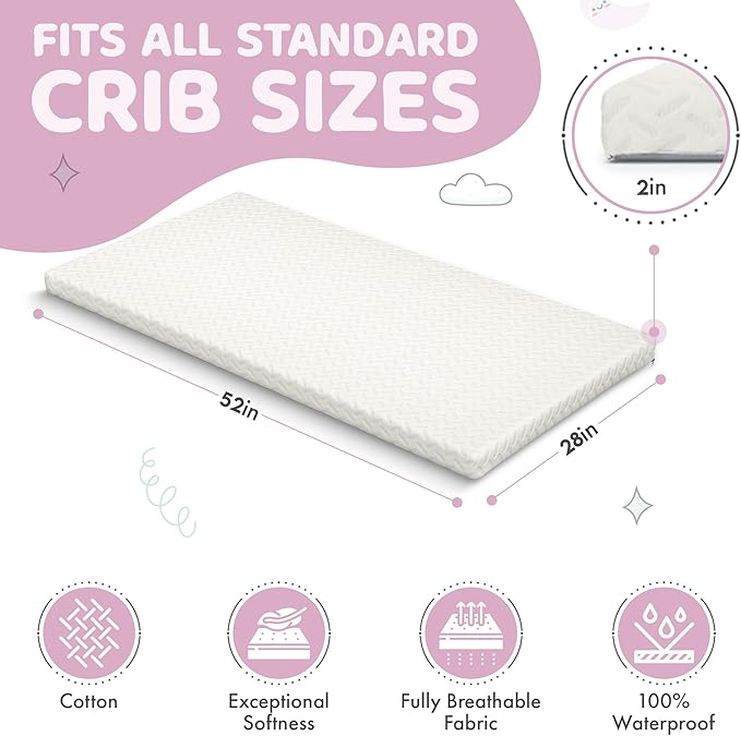 2” Crib Mattress Topper Memory Foam - Waterproof Breathable Soft Washable Cover 52” x28” x 2” Fits Standard Size Cribs & Toddler Beds by Sleepah