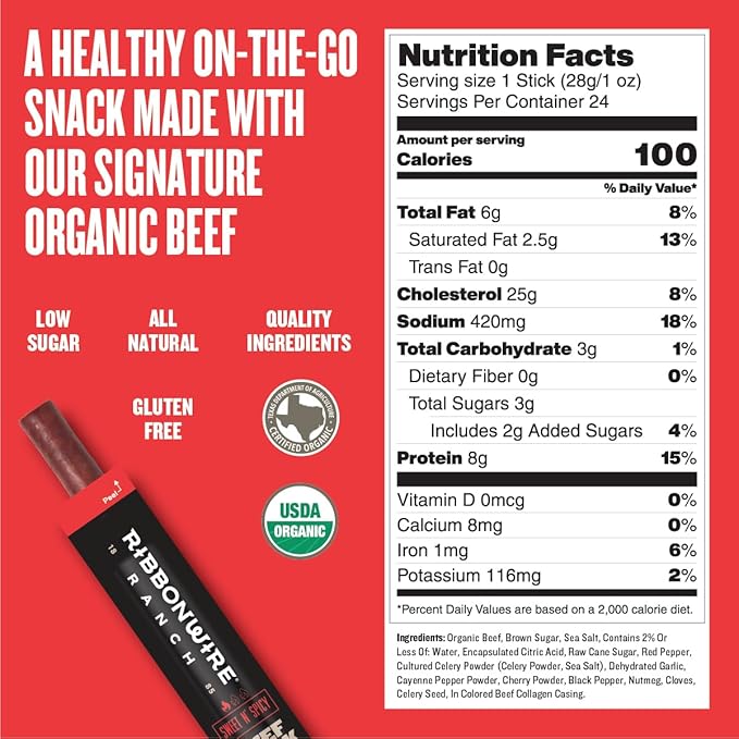 Ribbonwire Ranch Beef Jerky Snack Sticks - Made with Organic Beef, Pasture Raised, High Protein Snack - Healthy, Low Carb, Gluten-Free, Nitrate Free, Perfect for On-the-Go & Keto Diets (1 Count (Pack of 12), Sweet N Spicy)