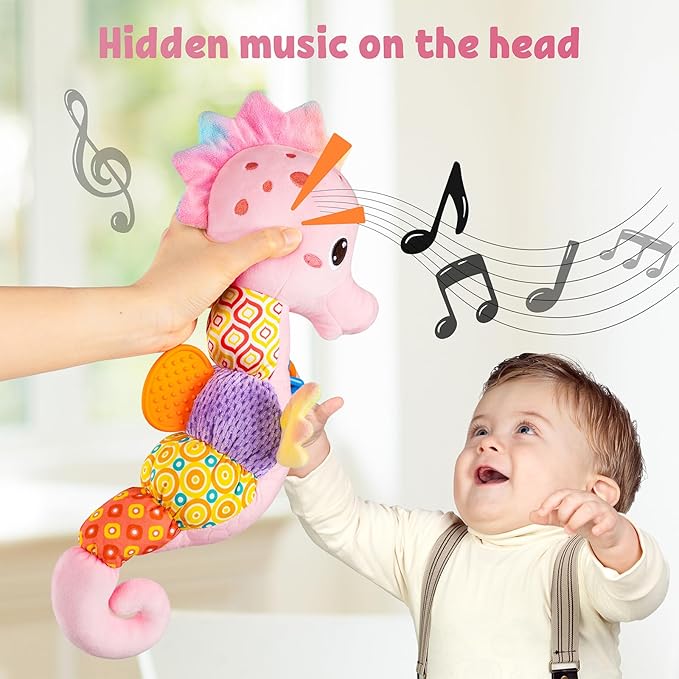 LIGHTDESIRE Baby Toys Musical Seahorse,Infant Stuffed Animal Toys with Crinkle and Rattles,Soft Sensory Toys with Textures for Tummy Time Newborn Boys Girls 0 3 6 12 Months(Pink)