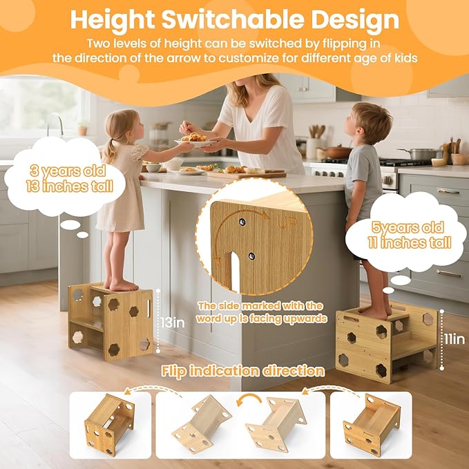 Step Stool for Toddlers Wooden, Flip Design with - Height - Adjustable Non-Slip 2-Step Stool for Kids, Non-Slip Stepping Stool for Bathroom Sink, Toilet Potty Training, Bedroom, Kitchen