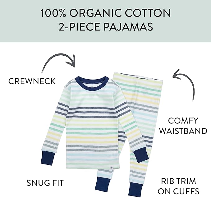 HonestBaby 2-Piece Pajamas Sleepwear Pjs 100% Organic Cotton for Baby, Toddler, Kids, Boy