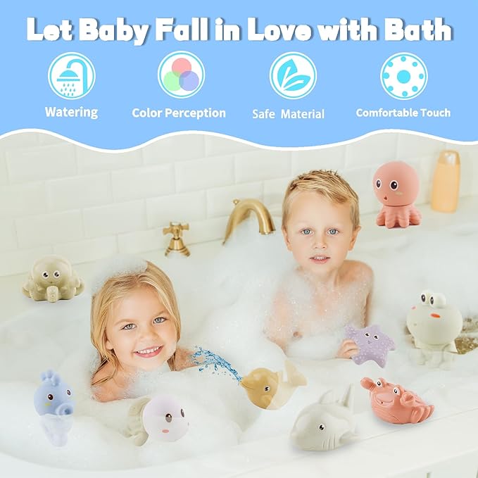 Mold-Free Ocean Animal Bath Toys 10 Pack | Sensory Water Play Toys for Babies 6-18M & Toddlers 1-3Y | Safe Bathtub Pool Float Toys | Baby Shower, Birthday