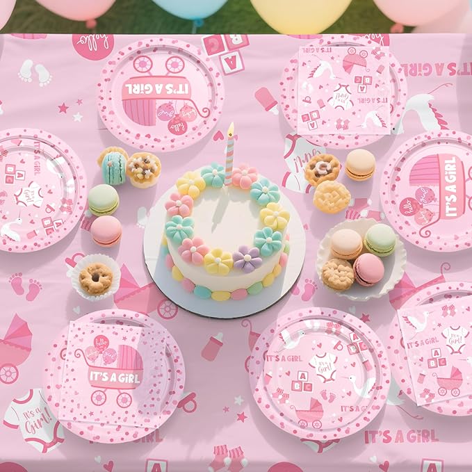 Baby Girl Shower Decorations for 24 Guests - It’s A Girl Decorations Kit Including Disposable Plates, Napkins, Cups, Tablecloth & Banner for Baby Shower Decorations Girl