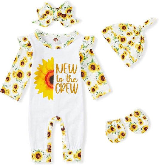 GRNSHTS Newborn Baby Girl Romper Infant Letter Print Jumpsuit Floral Bodysuit+Hat+Headband+Gloves Coming Home Clothes Outfits