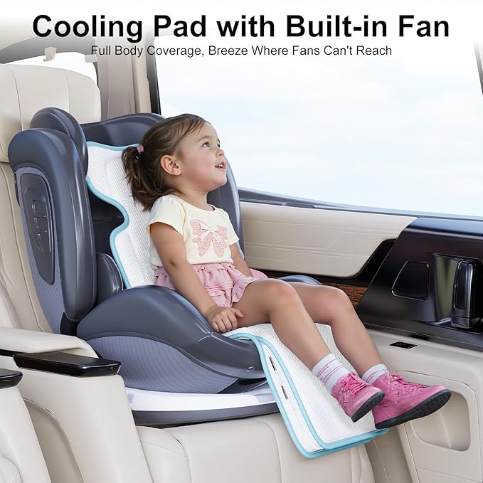 AMACOOL Baby Stroller Cooling Pad, 3D Breathable Carseat Cooling Pad with 2 Built-in Blower, Max 10H Ventilation 3 Speeds 10000mAh Rechargeable Cooling Mat Liner for Toddler Baby Summer Essentials