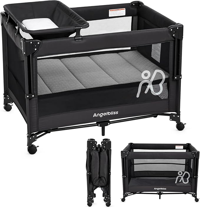 ANGELBLISS Baby Bassinet Bedside Crib, Pack and Play with Mattress, Diaper Changer, One-Push Setup Playards from Infants to Toddlers (Balck)