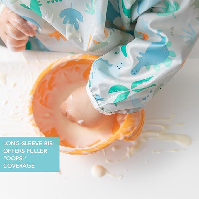 Bumkins - SuperBibs + Sleeved Bib - For Boys & Girls, Babies & Toddlers 6-24 Months - Lightweight, Durable, Waterproof - Catch-All Pocket - Wipeable & Machine Washable - Always Hangry Dinosaur -3 Pack