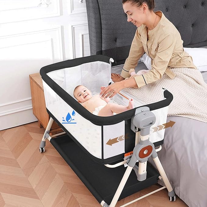 Baby Bassinet,Rocking Bassinet with Waterproof Sheet,3 in 1 Baby Bassinets Bedside Sleeper,6 Height Adjustable Bedside Bassinet for Newborn(Black)