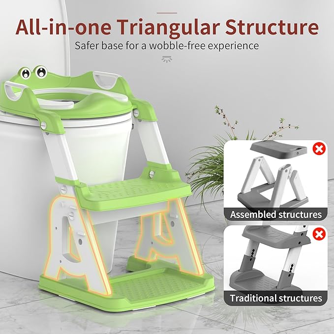 Potty Training Seat, Upgrade 2 in 1 Potty Training Toilet for Toddler, Toddler Toilet Seat for Boys Girls with Support Bar, Anti-Slip Pad and Step Stool (Green)