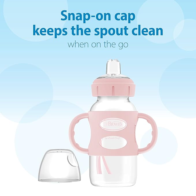 Dr. Brown's Milestones Wide-Neck Sippy Spout Bottle with 100% Silicone Handles, Easy-Grip Handles with Soft Sippy Spout, 9oz/270mL, Light-Pink & Ecru, 2-Pack, 6m+