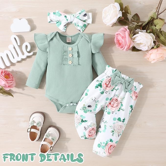 GDTOGRT Baby Girl Clothes Newborn Infant Outfits Ruffle Romper+ Floral Pants + Cute Headband Sets for Girls