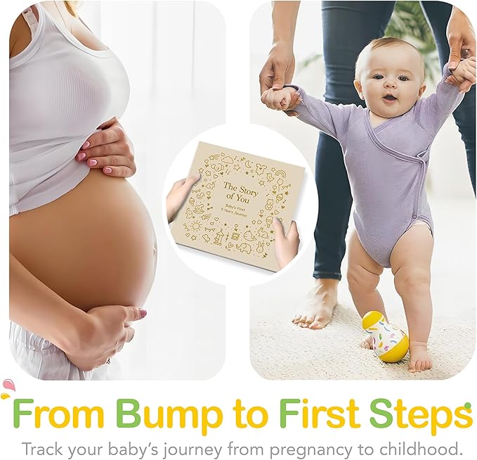 Baby Memory Book First 5 Year Boy or Girl Keepsake Journal Photo Albums Scrapbook, Gifts for Baby Shower First Time Mom New Parents (Toy - Khaki)