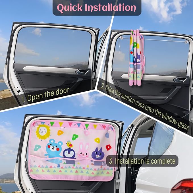 Car Sun Shade for Window Baby (2 Pack), Blackout Window Shades with Storage Net Pocket, 7 Suction Cups, Cute Patterns for Sun/Heat/UV Rays Block