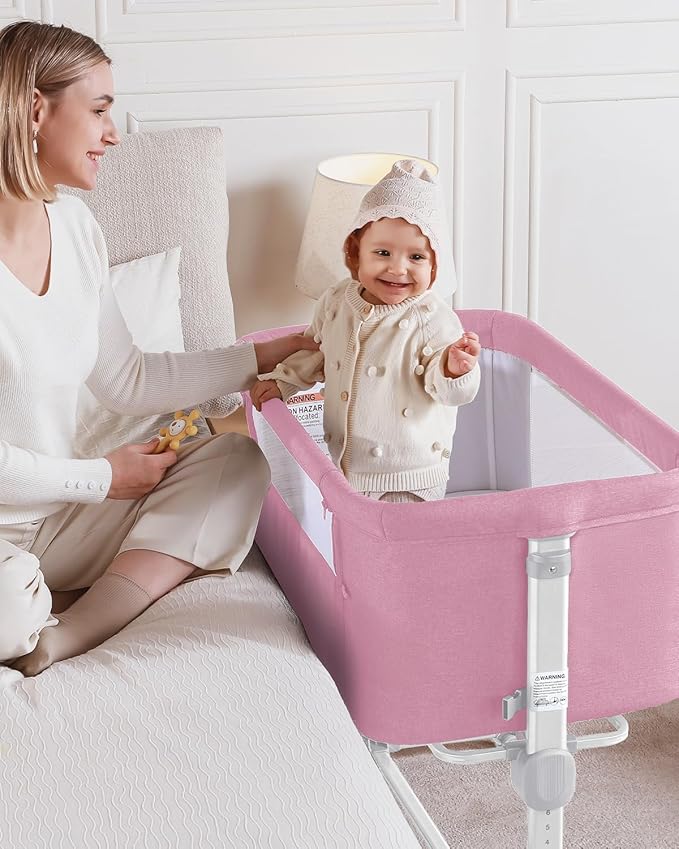Larex Baby Bassinet, 3 in 1 Bassinets Bedside Sleeper for Newborn, Portable Crib Adjustable 7 Height Bedside Bassinet with Mattress and Wheels Pink