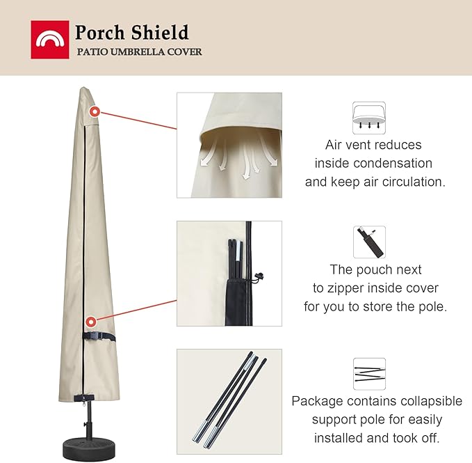 Porch Shield Patio Umbrella Cover - Outdoor Waterproof Garden Market Parasol Covers Fits Market Umbrella up to 12 Feet, Beige