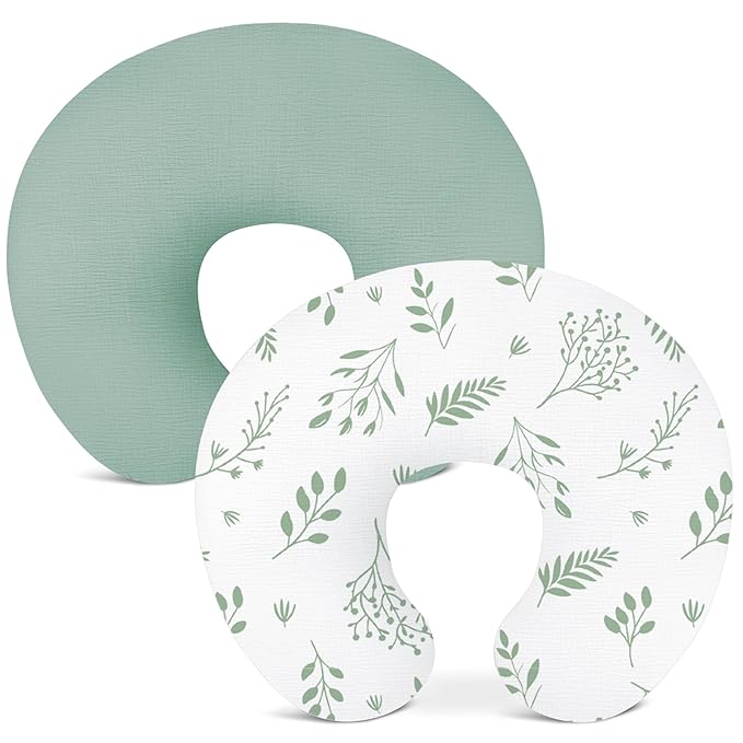 Nursing Pillow Covers 2 Pack, Muslin Nursing Cover for Breastfeeding Pillows, Comfortable for Baby Girls and Boys (Leaf C & Sage)