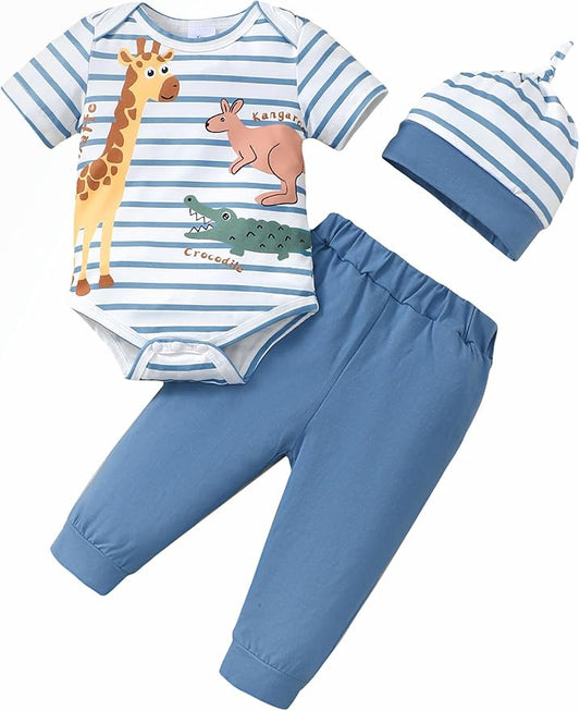 SUNNY PIGGY Baby Boy Clothes Newborn Infant Boys Outfits Romper Hat Pants 3PC Set 0-3 3-6 6-12 12-18 Month Clothing Gift