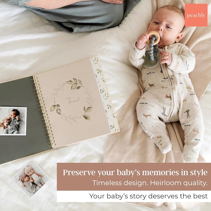 Peachly Unisex Baby Memory Book | Minimalist Baby First Year Keepsake for Milestones | Baby Books First Year Memory Book | Simple Baby Scrapbook for Boy Girl Milestones | Natural Linen - Olive