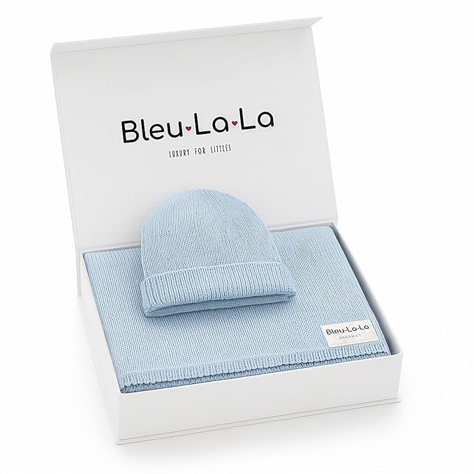 Luxe Collection 100% Organic Luxury Knit Baby Blanket + Hat Set (Sky Blue)