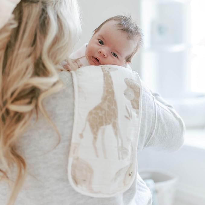 Crane Baby Muslin Baby Burp Cloths Set of 3, Safari Animal Print, 100% Cotton, Absorbent, Lightweight, 7"X20", Baby Newborn Essentials, Safari Baby Stuff