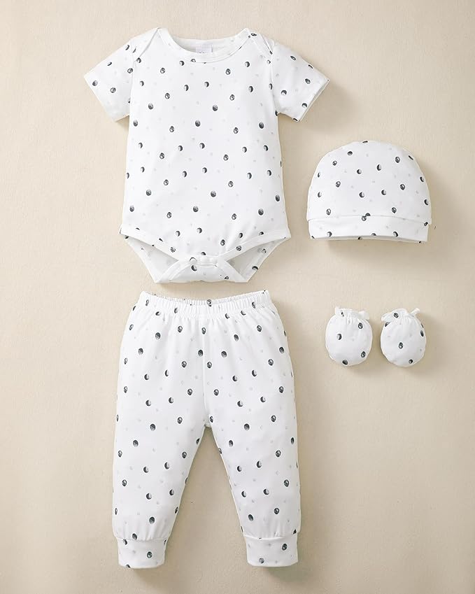 NZRVAWS Newborn Baby Boy Girl Clothes Unisex Infant Romper Pants Set Hat 4-Pack Outfits 0-12 Months 16 Pieces Toddler
