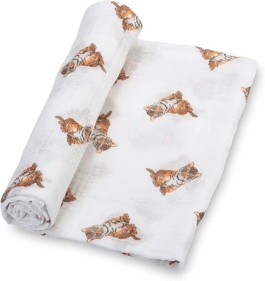 LollyBanks Baby Swaddle Blanket, 100% Muslin Cotton Baby Blanket for Boys and Girls, 47 x 47 Inches Soft and Breathable Swaddles for Newborns, Lightweight Newborn Blanket, Registry (Tiger Cub Print)