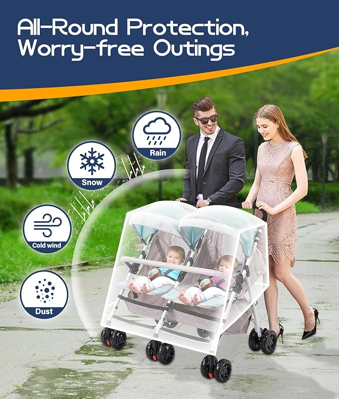 Double Stroller Rain Cover, Weather Shield for Side by Side Baby Double Stroller, Universal Waterproof Stroller Cover for Rain/Wind/Snow/Cold/Dust, Baby Travel Outdoor Accessories