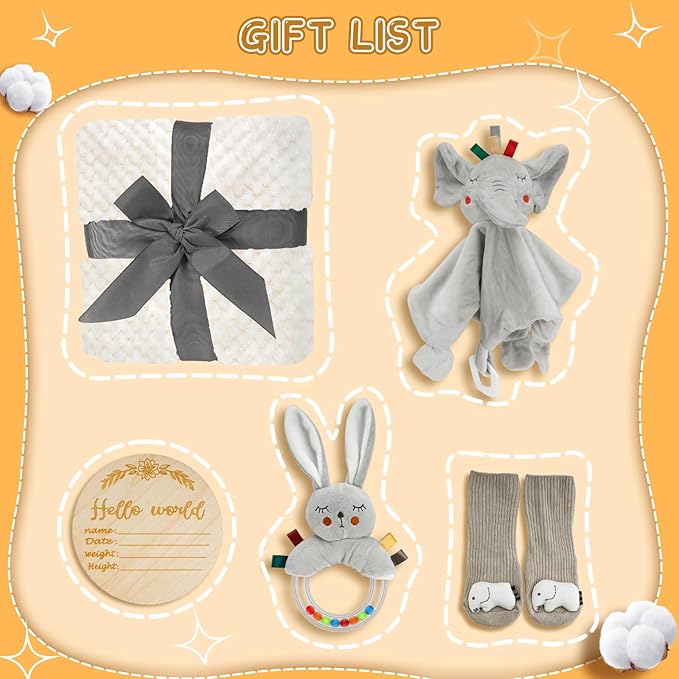 Baby Boy Gift Basket Set, Unique Baby Gift Basket Set, New Baby Boy Gift Basket, New Baby Gift Basket Set with Baby Blanket, Baby Rattle, Bunny, Keepsake Milestone, Elephant Toy, Baby Socks