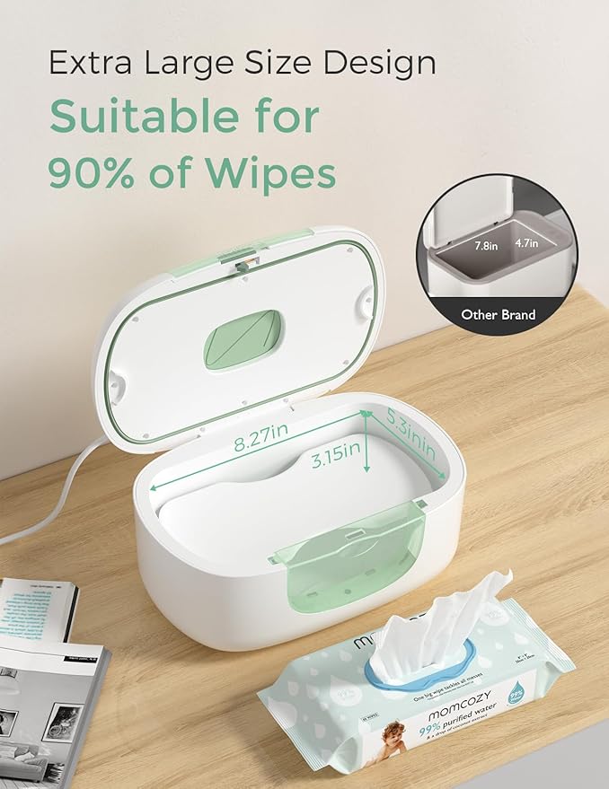 Momcozy New Baby Wipe Warmer, Large Capacity Wipe Dispenser Compatible with 60-80pcs,10-Min Fast Heating,4 Temperature Modes,Innovative Spring Design,Silicone&Top Seals,Even Heating,3-Level Nightlight