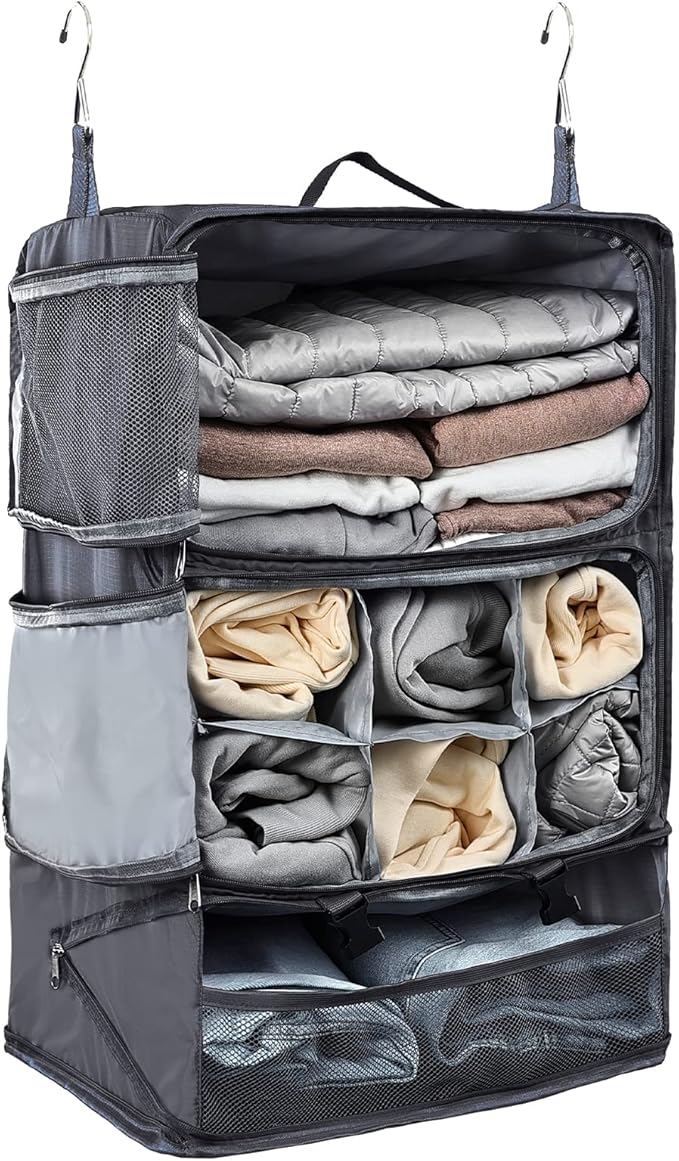 TABITORA Travel Portable Hanging Shelves Closet Organizer Packing Luggage Storage with Multifunctional and Foldable Invisible Compartment,Lightweight, for Suitcase, RV,Closet…Grey,XXL