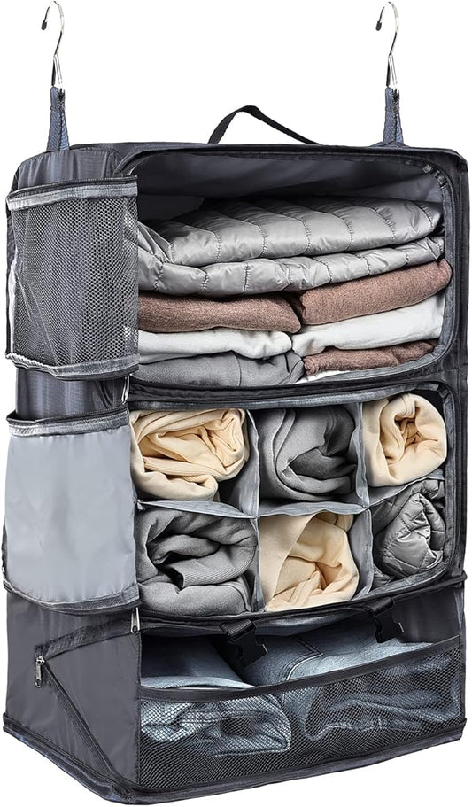 TABITORA Travel Portable Hanging Shelves Closet Organizer Packing Luggage Storage with Multifunctional and Foldable Invisible Compartment,Lightweight, for Suitcase, RV,Closet…Grey,XXL