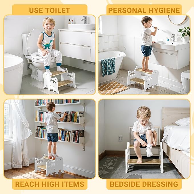 COSYLAND Kids Step Stool for Bathroom Height Adjustable - Lovely Cat Potty Training Stools for Toddlers - Wooden Stepping Stool with Handle for Bathroom Sink (Natural & White)