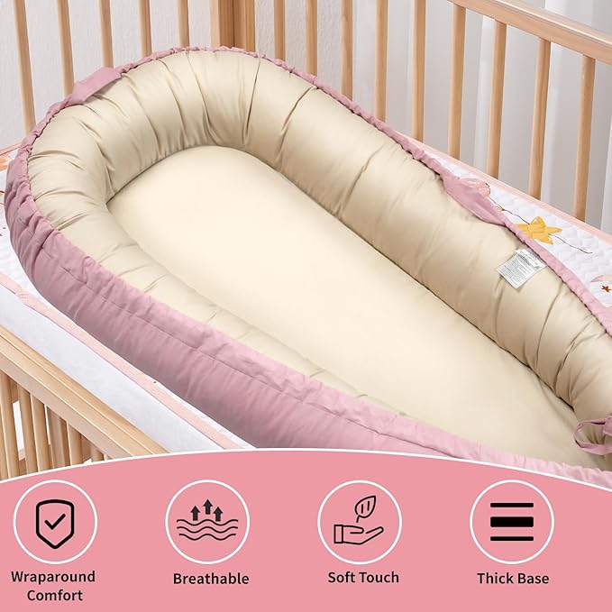 Infant Lounger, Portable Baby Nest Cover, 100% Cotton, Breathable & Reversible, Baby Lounger for Newborn, Adjustable Baby Floor Seat for Tummy Time, Essentials for Newborns (Pink)