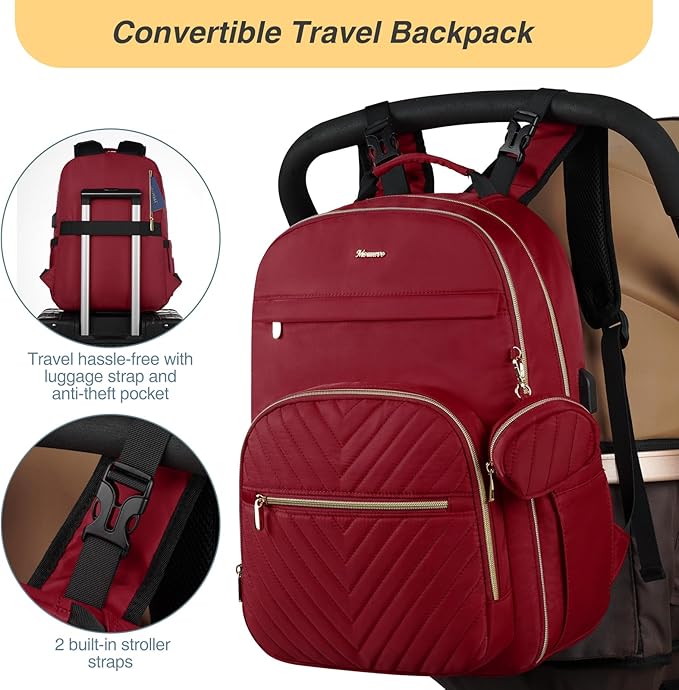 MOMUVO Diaper Backpack for Women Large Capacity with Insulated Pockets Diaper Bags For Baby,Burgundy