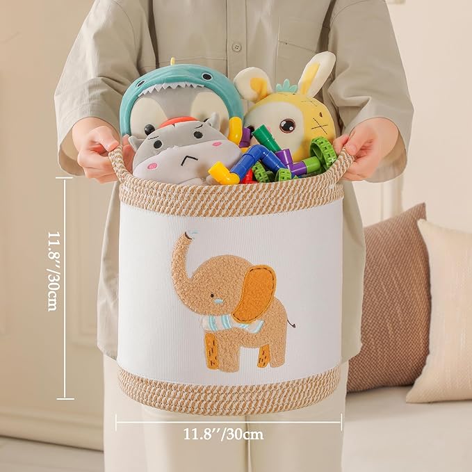3-Piece Woven Baby Toy Baskets Laundry Hampers, Foldable Nursery Organizer for Toys Clothes Stuffed Animals, Roomy Sturdy Hampers for Baby Gift Nursery Decor Baskets Lion/Giraffe/Elephant Design