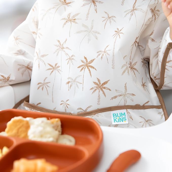 Bumkins Sleeved Bib for Girl or Boy, Baby and Toddler for 6-24 Mos, Essential Must Have for Eating, Feeding, Baby Led Weaning Supplies, Long Sleeve Mess Saving Food Catcher, Soft Fabric, Palm Trees