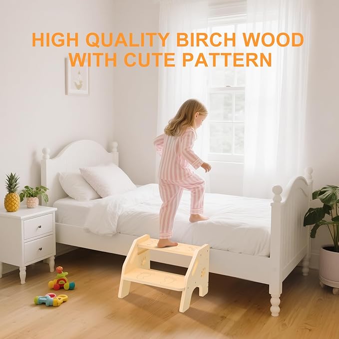 Toddler Step Stool Wooden - Height-Adjustable Kids 2 Step Stool Ladder with Cute Bear Design for Bathroom Sink Toilet Potty Training Kitchen Bedroom