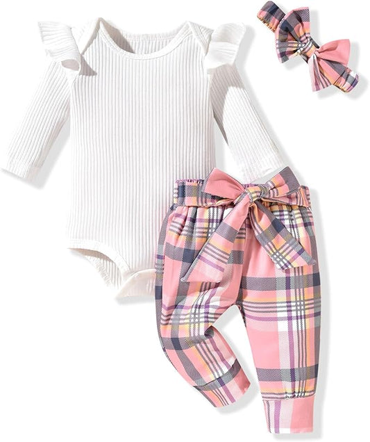 Aalizzwell Preemie Newborn Infant Baby Girls Clothes Ribbed Romper Bodysuit Pants Set Fall Winter Outfits